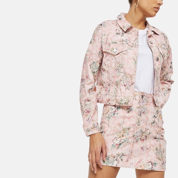 Topshop pink floral denim coordinating denim jean skirt jacket set - Picture 2 of 13